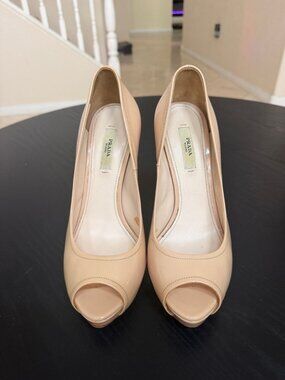 Prada Nude Patent Leather Peep Toe Platform Pumps Size 37